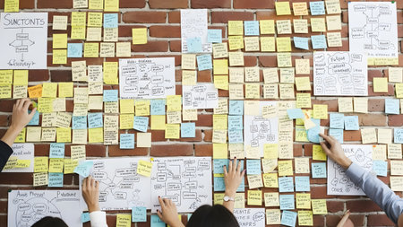 A group of people are gathered around a brick wall, actively participating in a brainstorming session by sticking colorful sticky notes and writing on large sheets of paper attached to the wall.の素材