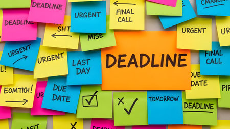 A vibrant orange sticky note with 'DEADLINE' written on it is centered among a pile of various colored sticky notes containing urgent messages, reminders, and deadlines.の素材