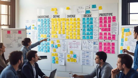A group of people gathered around a whiteboard, engaged in a brainstorming session. The whiteboard is filled with colorful sticky notes and diagrams, illustrating the team's collaborative effort to understand, define, diverge, decide, and prototype a project.の素材
