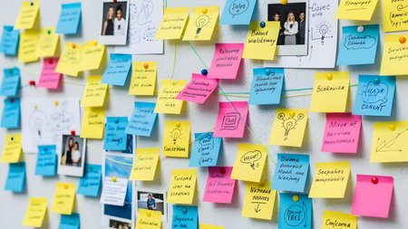 A whiteboard filled with numerous colorful sticky notes, each containing handwritten notes, ideas, and images, used for a collaborative brainstorming session or project planning.の素材