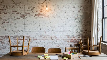 A wooden table with chairs and office supplies is set against a backdrop of an exposed brick wall with a hanging light bulb, creating a cozy and creative workspace.の素材