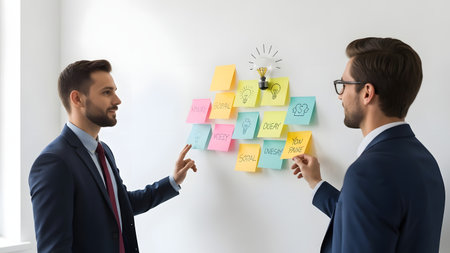 Two men in business attire are standing in front of a white wall, engaged in a discussion while pointing at a collection of colorful sticky notes arranged on the wall.の素材