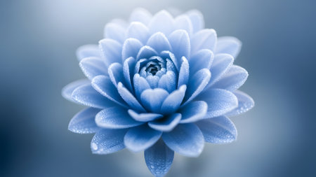 A close-up image of a blue flower with dew drops on its petals, set against a blurred blue background. The flower is the main focus, with its delicate petals and intricate details visible.の素材