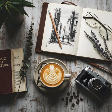 A creative workspace setup on a wooden table featuring a cup of coffee with latte art, an open sketchbook with a pencil drawing, a vintage camera, a pair of glasses, and a sprig of lavender, surrounded by scattered coffee beans and a potted plant.の素材