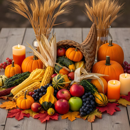 A vibrant arrangement of autumnal produce, including pumpkins, apples, grapes, and corn, is displayed on a rustic wooden table. The scene is adorned with candles, wheat stalks, and colorful fall leaves, evoking a cozy and inviting atmosphere.の素材