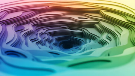 This image features a mesmerizing rainbow-colored swirl pattern that creates a sense of depth and dimension. The colors transition smoothly from red to violet, forming a spiral that draws the viewer's eye towards the center. The layered effect adds a three-dimensional quality to the design, making it visually striking and dynamic.の素材