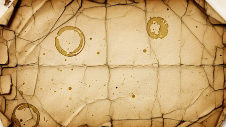 A vintage parchment paper with visible signs of aging, featuring coffee stains and tears, giving it a distressed and worn appearance.の素材