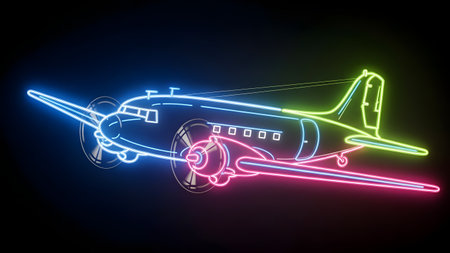 A stylized illustration of an airplane outlined in neon lights, transitioning from blue to green to red, set against a dark blue to black gradient background, creating a visually striking contrast.の素材