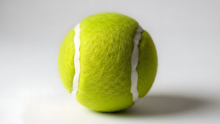 A bright yellow tennis ball with white stripes is centered on a plain white background, casting a subtle shadow.の素材