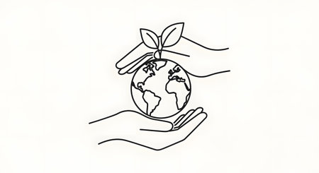 A simple line drawing of two hands holding the Earth with a small plant growing out of it, symbolizing care for the environment and sustainability.の素材