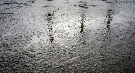 A close-up view of a wet asphalt road surface, showing tire tracks and puddles formed after a rainfall. The image captures the texture of the road and the reflection of light on the water.の素材