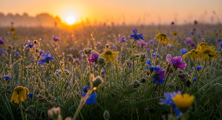 A serene and colorful scene of a field filled with vibrant wildflowers, including purple, blue, and yellow blooms, set against a stunning sunrise backdrop with a soft, warm glow.の素材