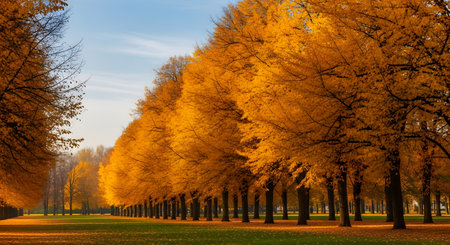 A serene autumn scene featuring a row of trees with vibrant yellow leaves lining a park pathway, set against a blue sky with wispy clouds.の素材