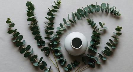 A serene arrangement of eucalyptus leaves surrounding a white vase on a light-colored wooden surface, creating a harmonious and natural display.の素材
