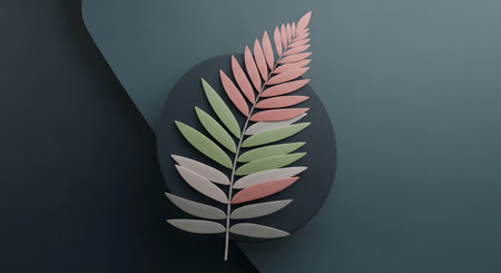 A stunning digital artwork featuring a colorful leaf on a dark background, with a mix of pink, green, and gray hues, creating a visually appealing contrast.の素材