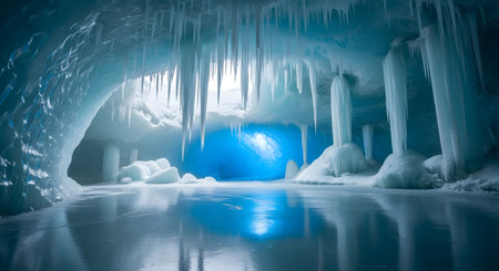 A serene and breathtaking ice cave with icicles hanging from the ceiling, reflecting off the calm ice floor, creating a mesmerizing blue hue.の素材