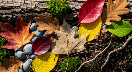 A collection of colorful autumn leaves in shades of red, yellow, and brown, arranged on a natural surface with stones, twigs, and moss. The leaves are displayed in a visually appealing way, showcasing the beauty of the fall season.の素材