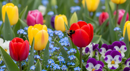 A vibrant garden scene featuring tulips and pansies in various colors, with a bee actively engaged near a red tulip, surrounded by small blue flowers.の素材