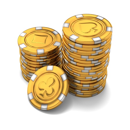 3d rendering of small stacks of gold casino chips on white backgroundの写真素材