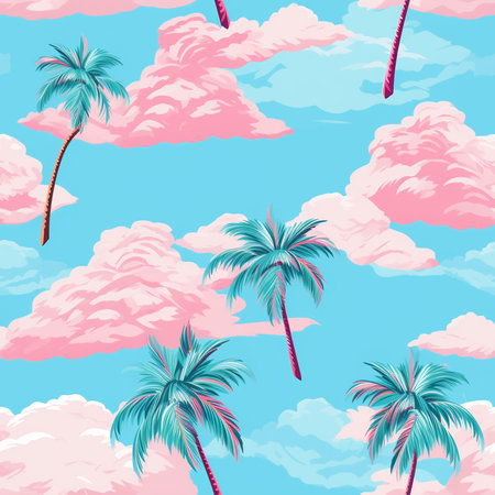 Seamless pattern with palm trees and clouds. Vector illustration.のイラスト素材