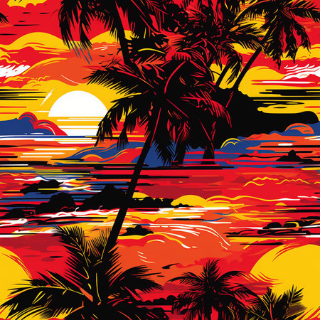 Seamless pattern with silhouettes of palm trees and sunset.