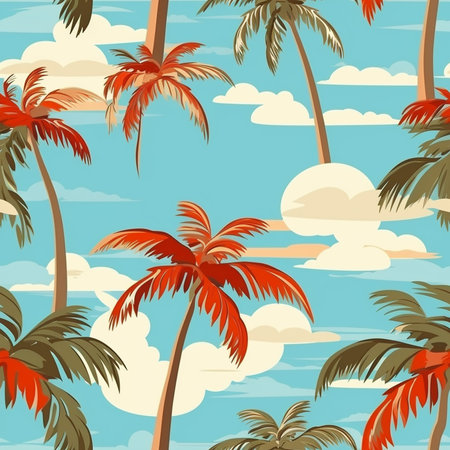 Seamless pattern with palm trees and clouds. Vector illustration.のイラスト素材
