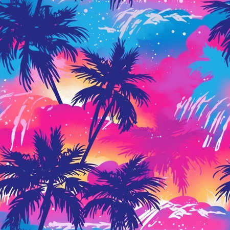 Seamless pattern with silhouettes of palm trees on colorful background.のイラスト素材