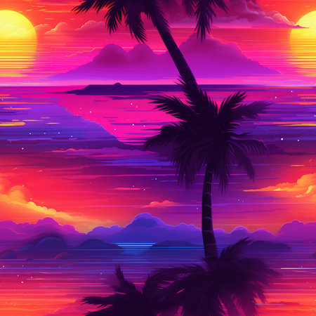 Tropical sunset on the beach with palm trees. Vector illustration.のイラスト素材