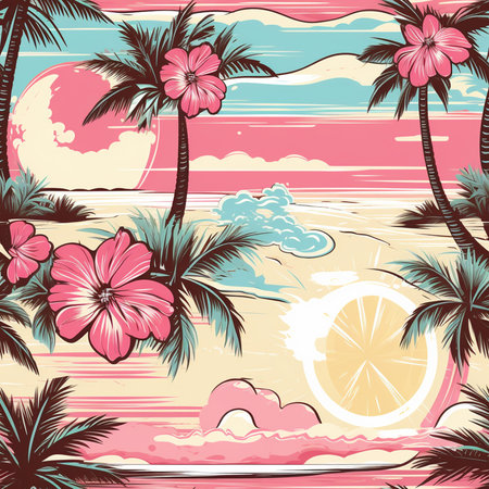 Seamless pattern with palm trees and hibiscus flowersのイラスト素材