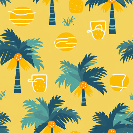 Seamless pattern with palm trees and cocktails. Vector illustration.
