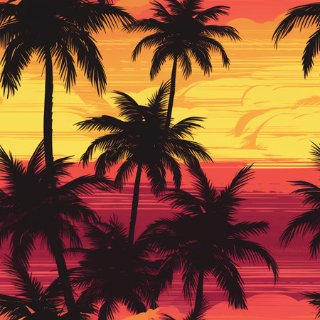 Seamless pattern with silhouettes of palm trees on the sunset background.の写真素材