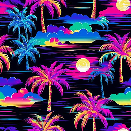 Seamless pattern with palm trees and clouds on a black background.の写真素材