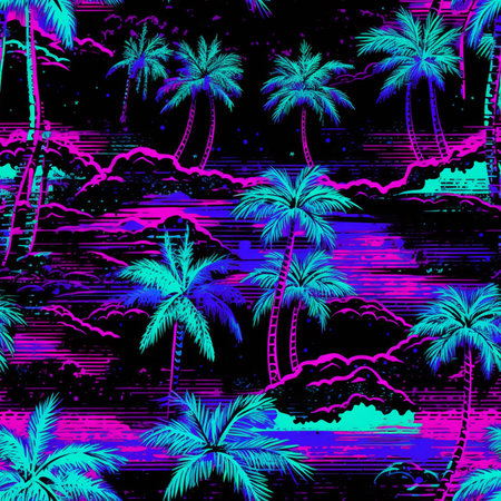 Seamless pattern with silhouettes of palm trees on a dark backgroundの写真素材