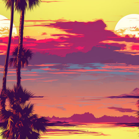 Beautiful sunset with palm trees. Vector illustration. Eps 10.のイラスト素材