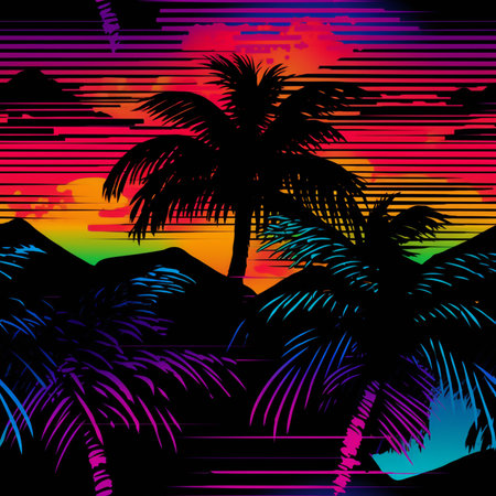 Tropical background with palm trees and sunset. Vector illustration.のイラスト素材
