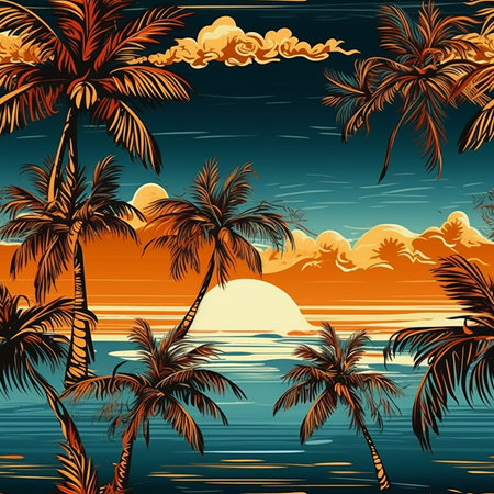 Seamless pattern with silhouettes of palm trees and sea.の写真素材