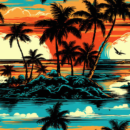 Seamless pattern with silhouettes of palm trees on a tropical island.の写真素材
