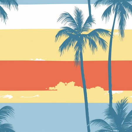 Tropical beach background with palm trees and sunset. Vector illustration.のイラスト素材