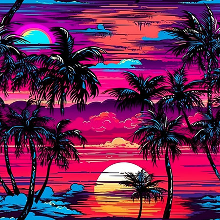 Seamless pattern with silhouettes of palm trees and sunset.のイラスト素材