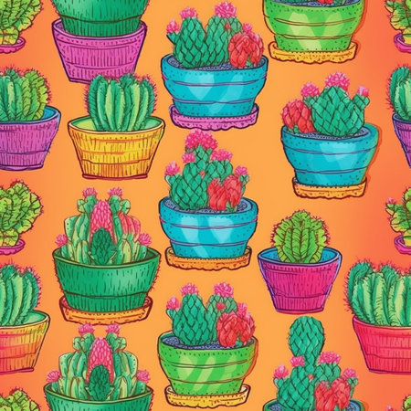 Seamless pattern with cacti in pots. Vector illustration.のイラスト素材