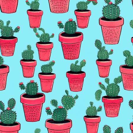 Seamless pattern with hand drawn cacti in pots.
