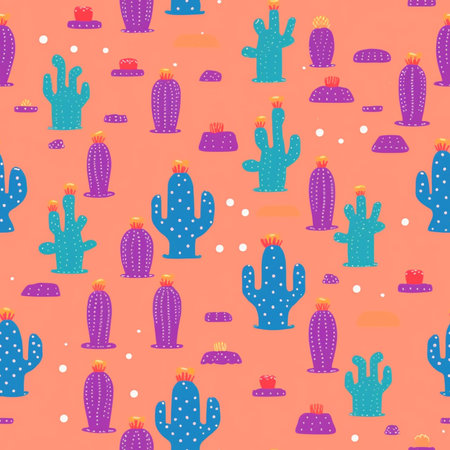 Seamless pattern with cacti and succulents on a pink background.