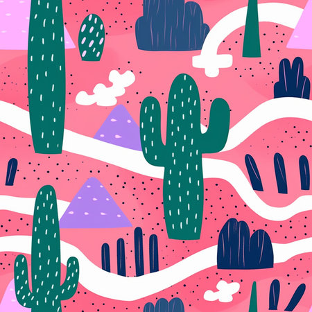 Cute seamless pattern with cacti and mountains. Hand drawn vector illustration.の写真素材