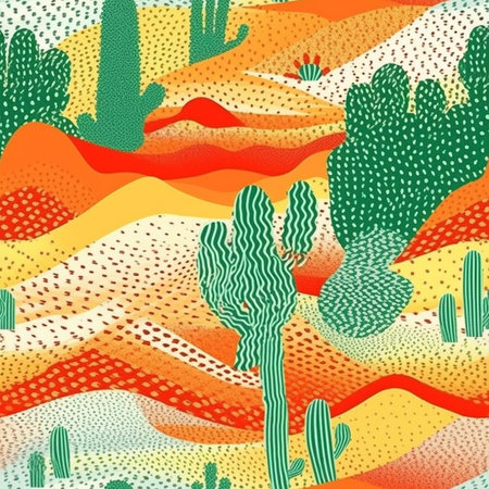 Seamless pattern with cacti and mountains. Hand-drawn illustration.のイラスト素材
