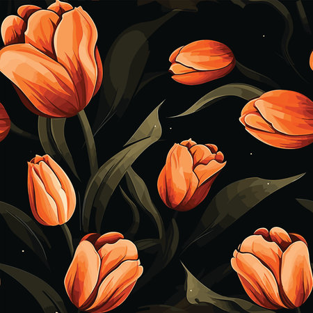 Seamless pattern with orange tulips on a black background.のイラスト素材