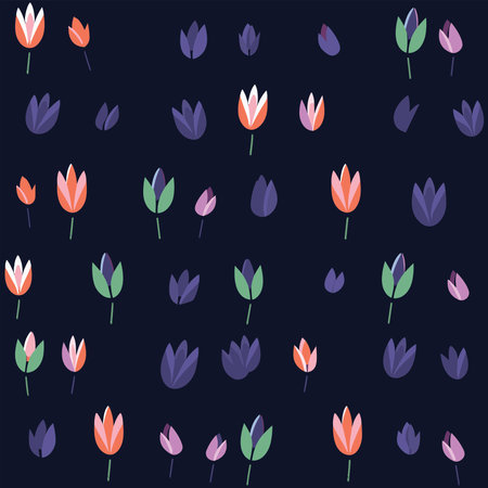 Seamless pattern with tulips on dark blue background. Vector illustration.のイラスト素材