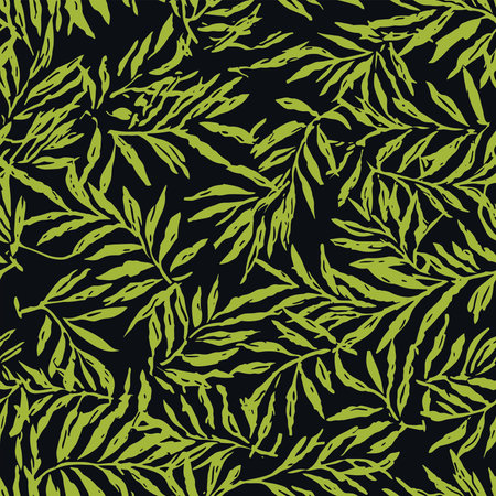 Seamless pattern with green leaves on black background. Vector illustration.のイラスト素材