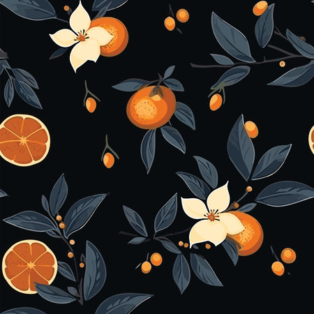 Seamless pattern with oranges and flowers on a black background.のイラスト素材