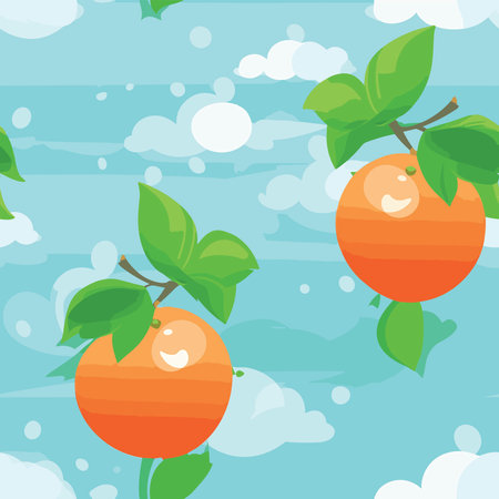 Seamless pattern with tangerines on blue sky background.のイラスト素材