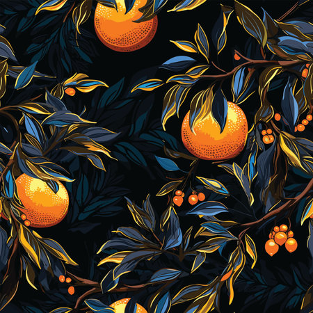Seamless pattern with oranges and leaves on a black background.の写真素材